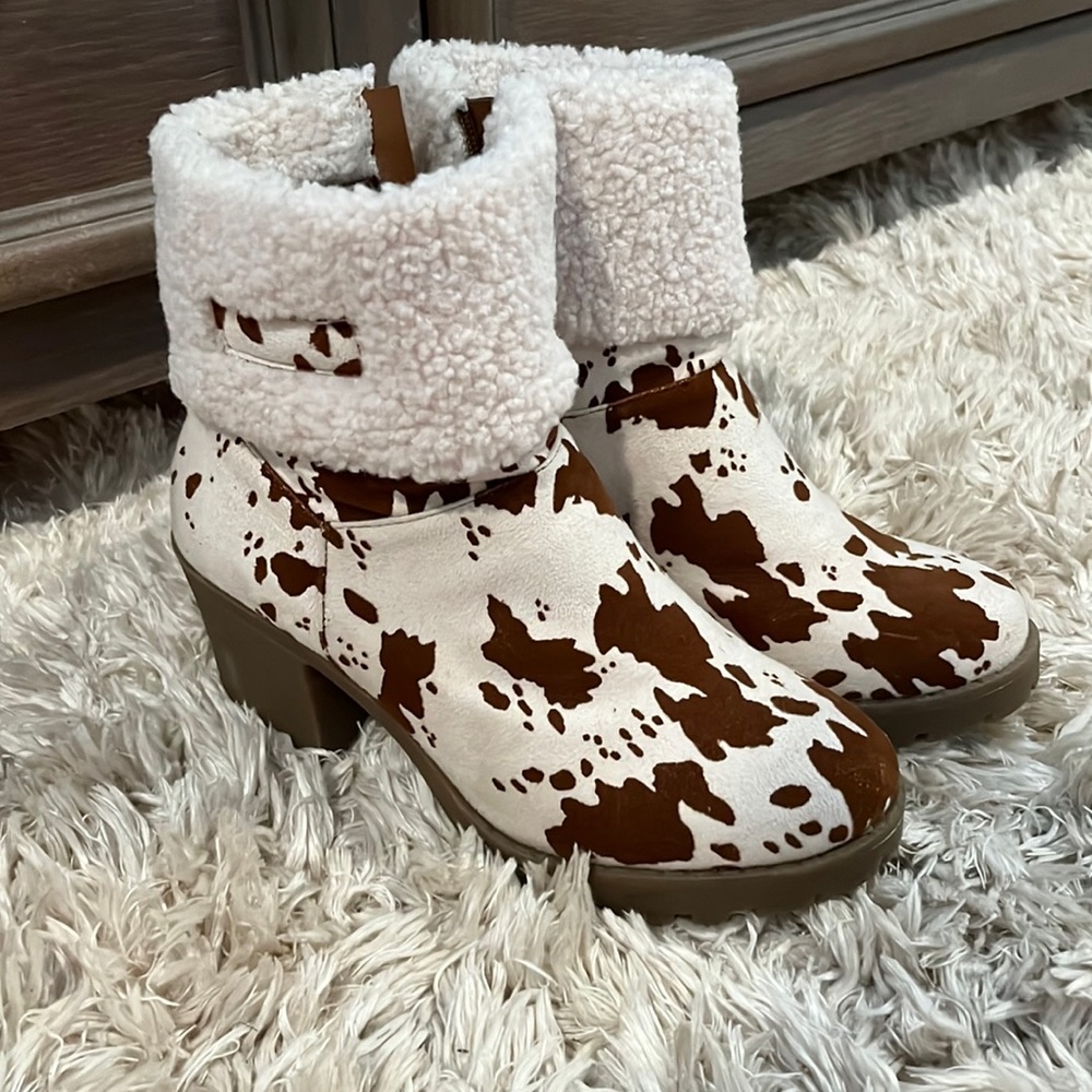 Cow print booties